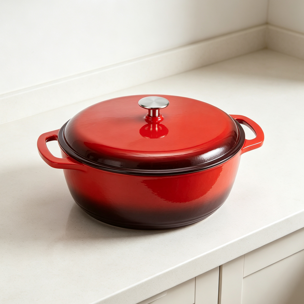 4.3-Quart Red Round Enameled Cast Iron Dutch Oven with Lid